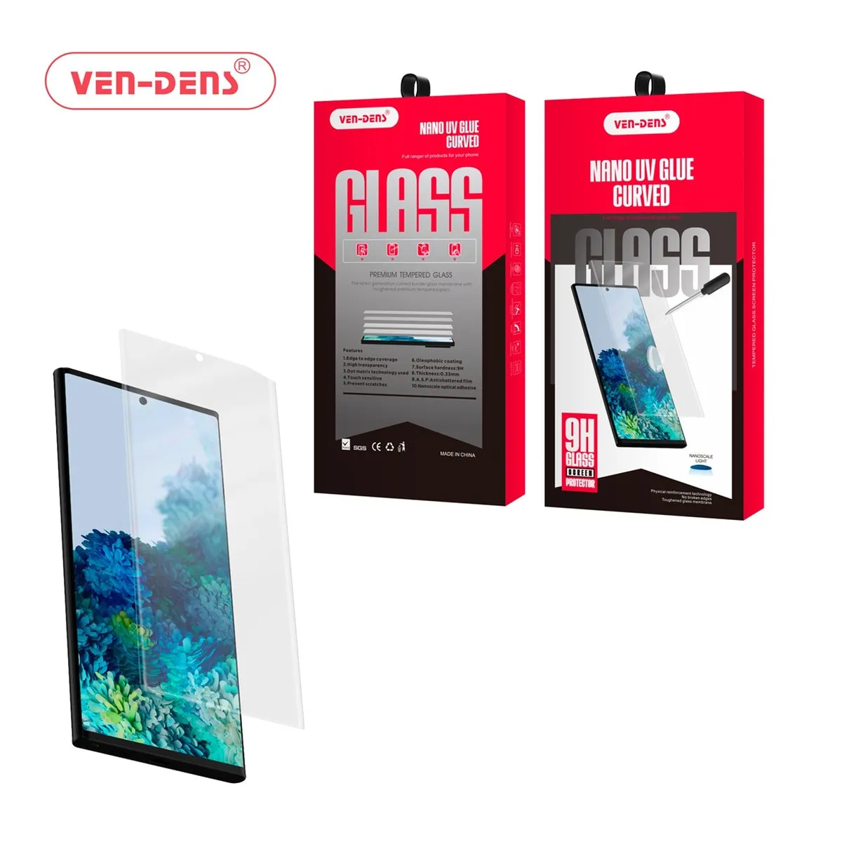 Ven-Dens UV glue curved glass screen protector over a phone, with its packaging